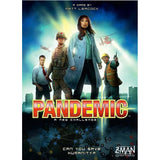 The board game box for Pandemic. The cover features an image of the world with four colorful viruses superimposed over it. The words "Pandemic" and "A NEW CHALLENGE" are prominently displayed in white and red text